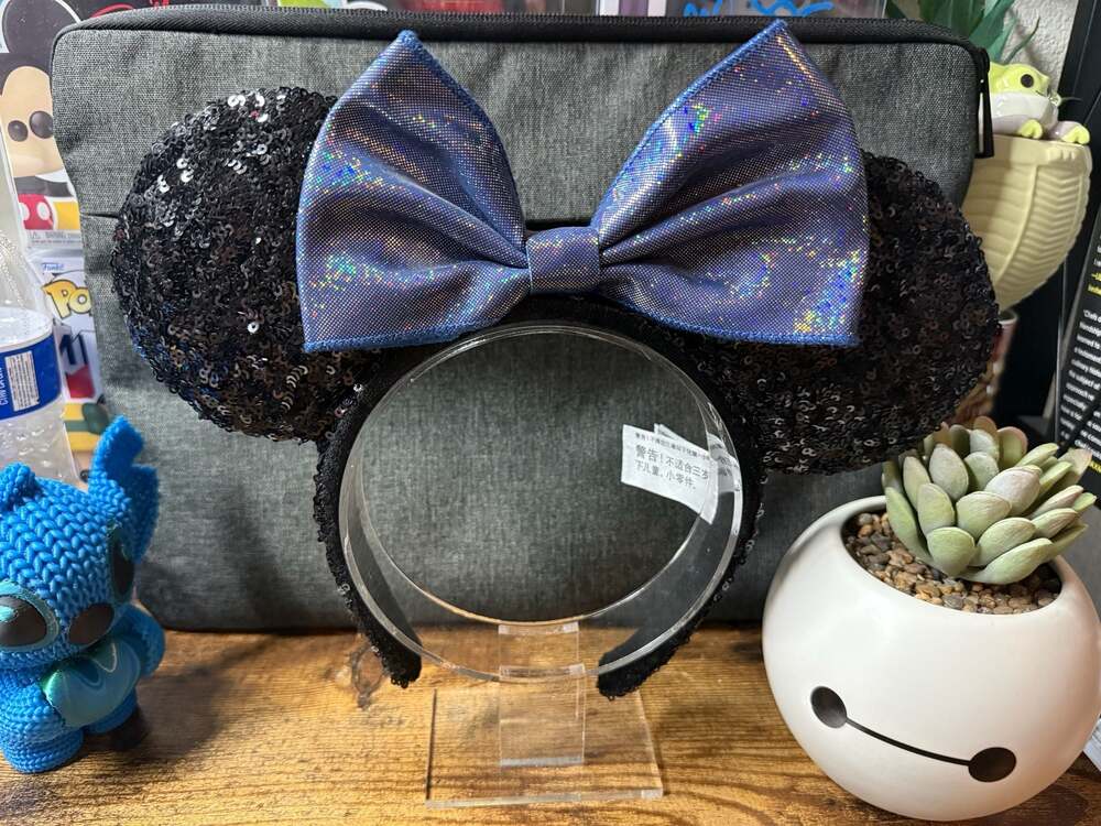 EUC Disney Parks Black Sequin Ears Headband with Shimmery Blue Bow